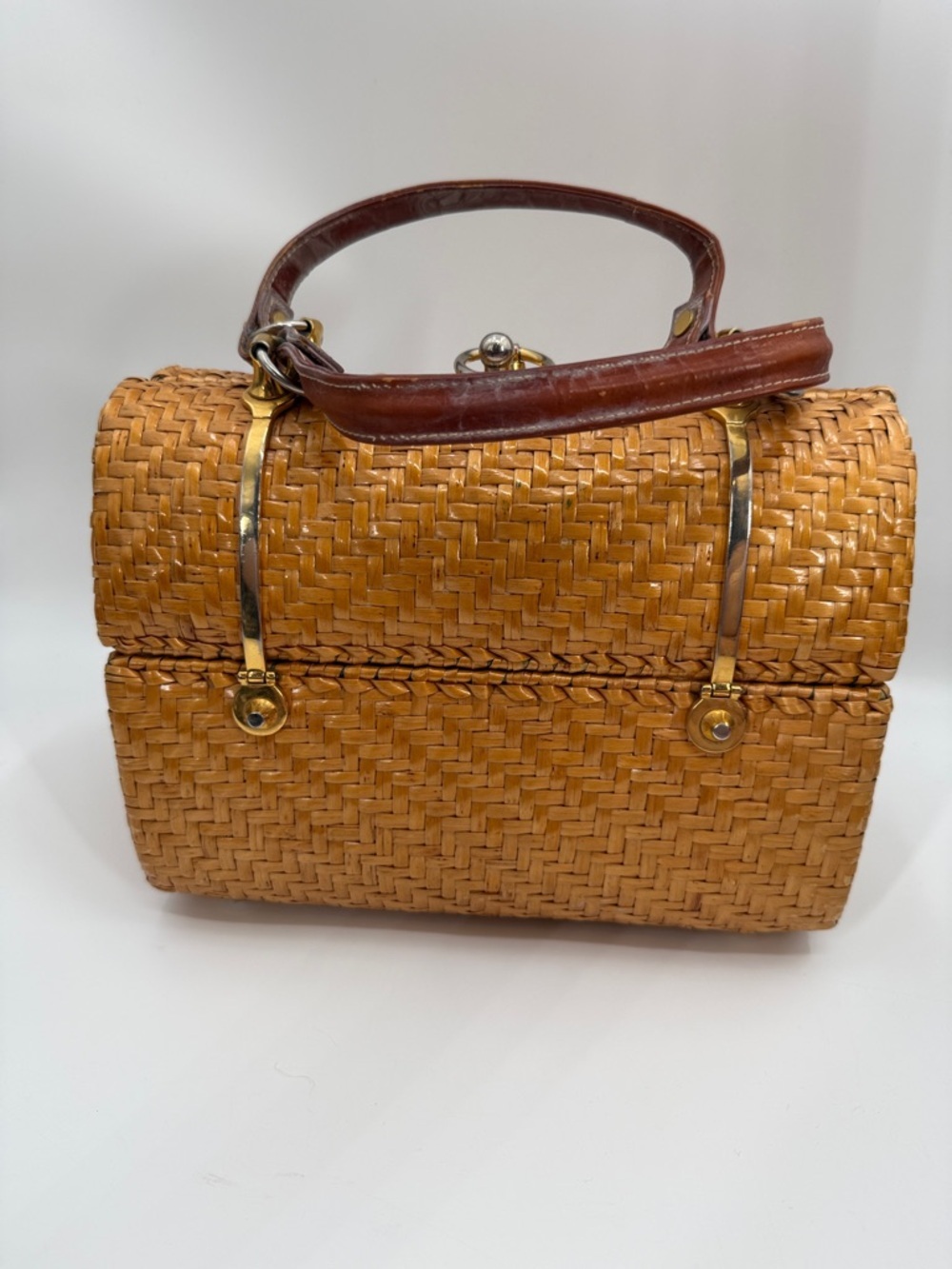 Vintage Rodo Italy Woven Wicker Straw Top-Handle Bag in Tan with Brown Handles - Picture 3 of 14